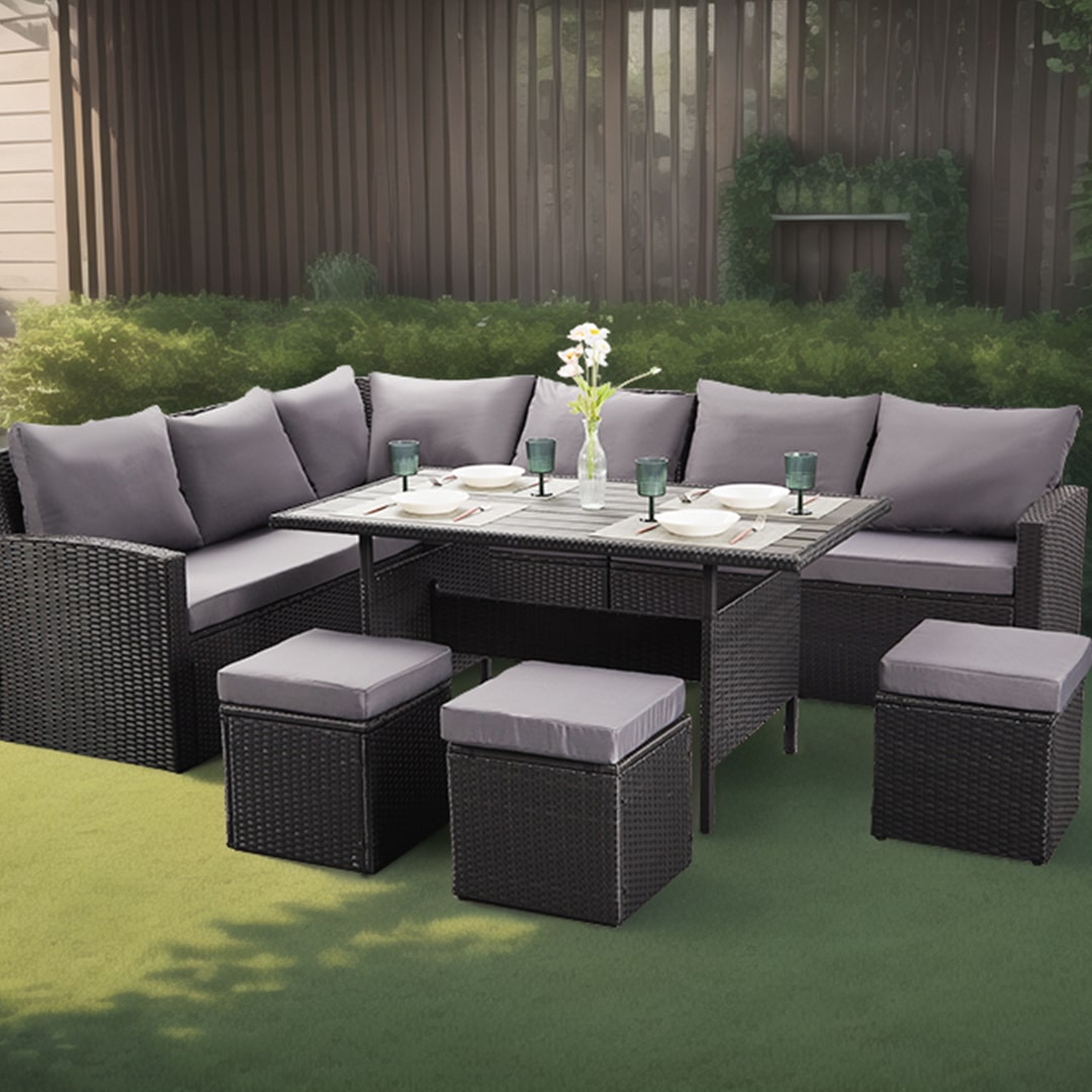 Black rattan dining set for garden