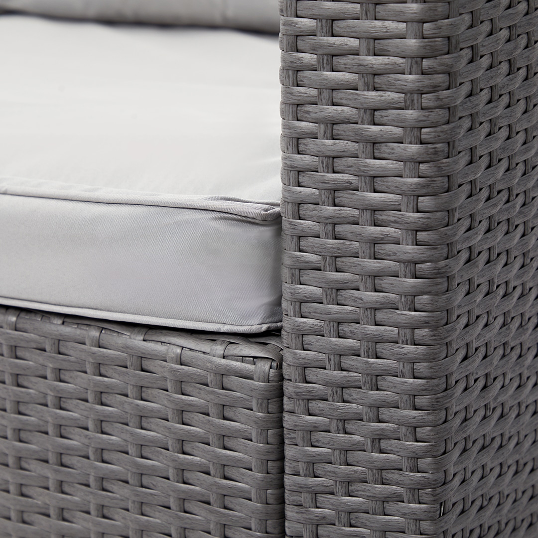 Close-up of grey rattan pattern on outdoor furniture