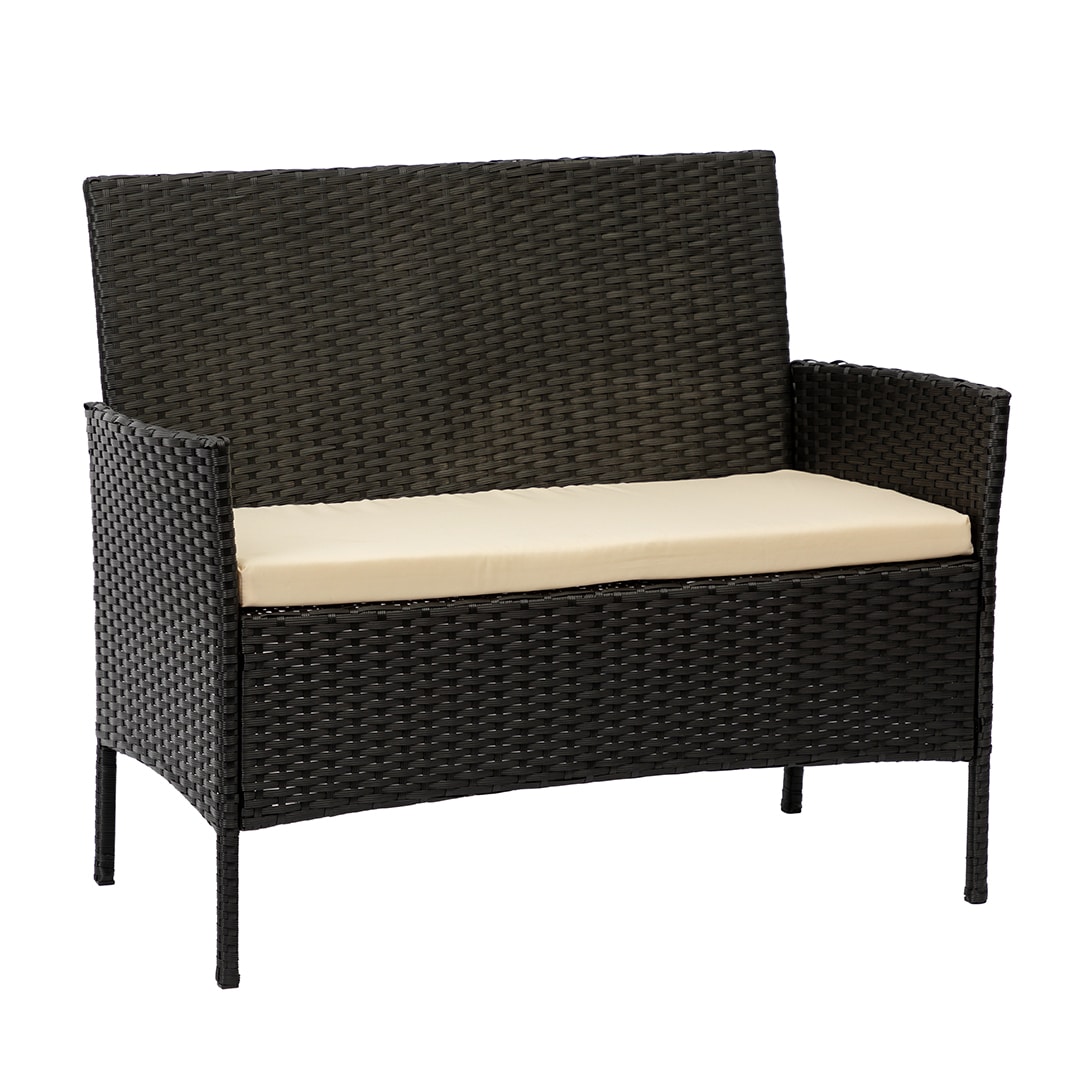 Brown rattan loveseat with cream cushions for patio furniture