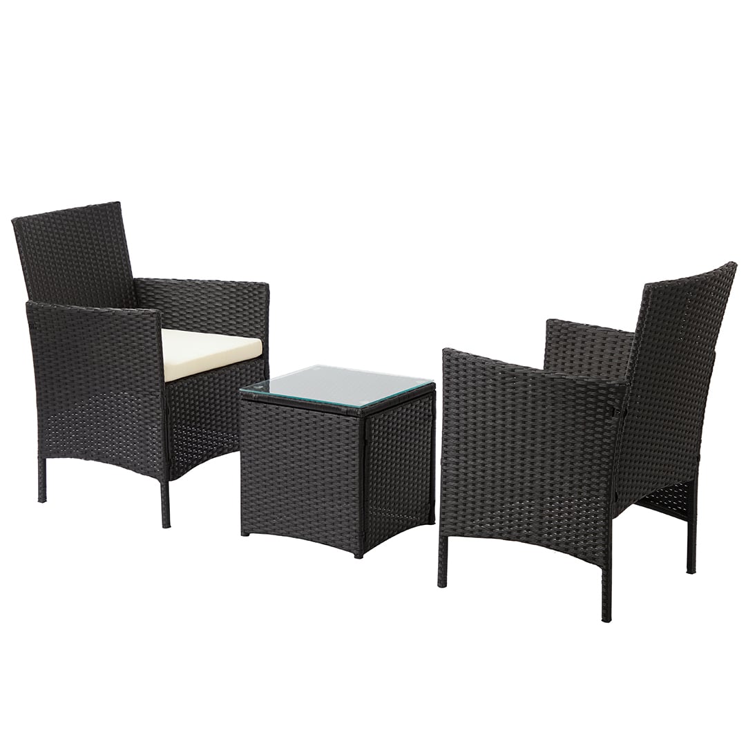 Black rattan garden furniture set with chairs and table