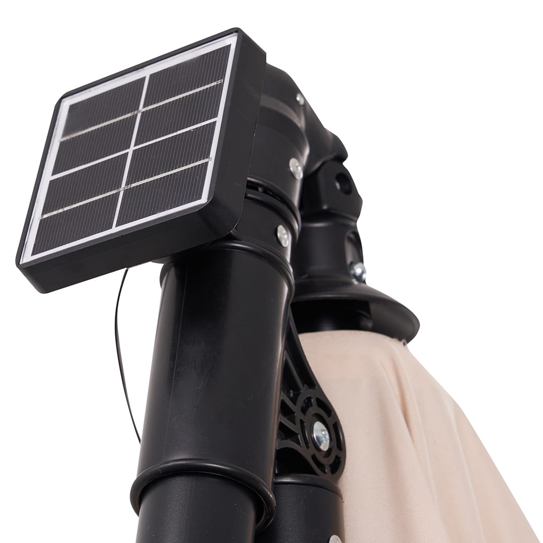 Patio umbrella with a solar panel on top