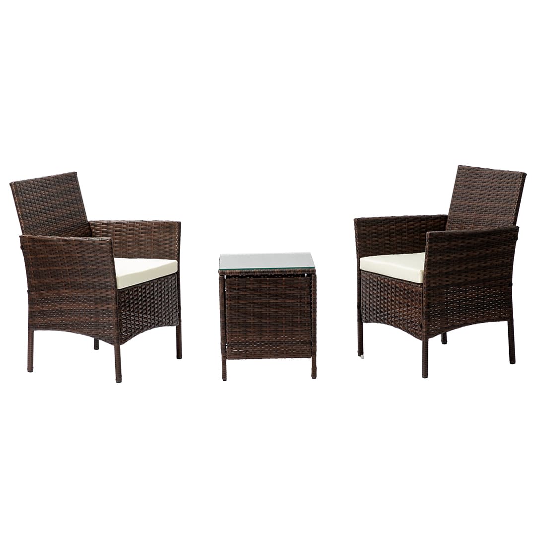 Brown rattan garden furniture set with chairs and table